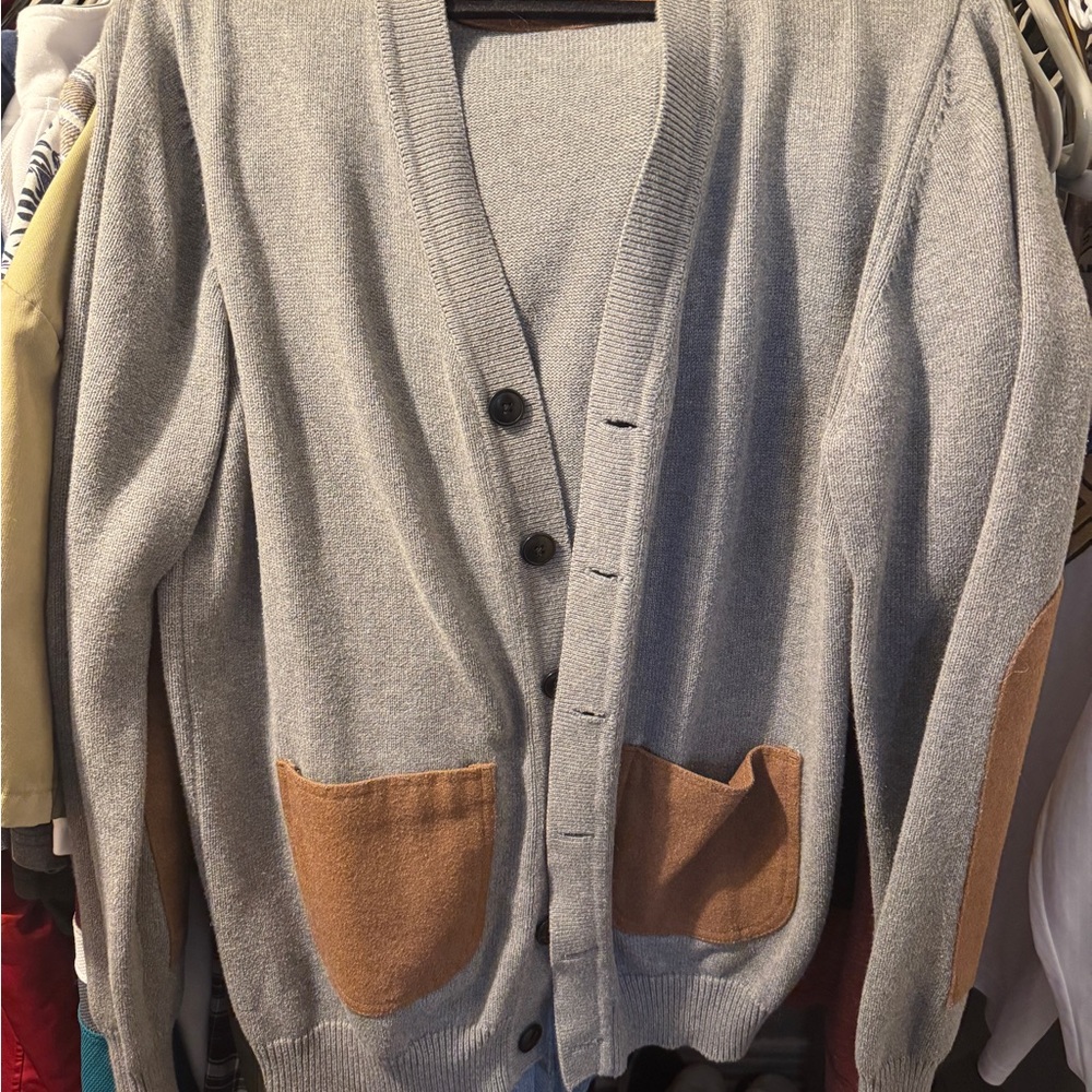Men's Gray and Tan Cardigan Sweater